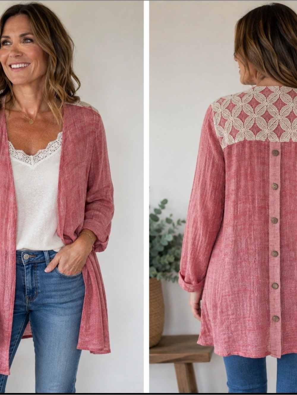 John Mark Rose Pink Button-Back Crochet Yoke Cardigan size